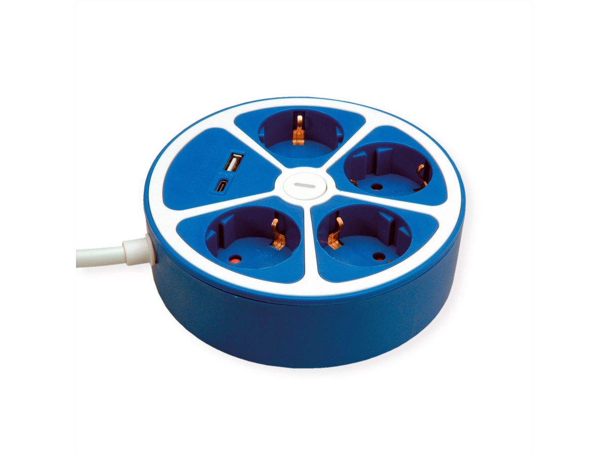 ROLINE 4-voudige stekkerdoos met schakelaar, rond, , USB-oplader A+C, blauw, 3 m