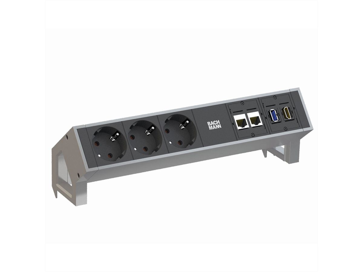 BACHMANN DESK2 3x geaard stopcontact 2xCAT6, 1xHDMI, 1xUSB 3.0, toevoerleiding GST18 0,2m, INOX