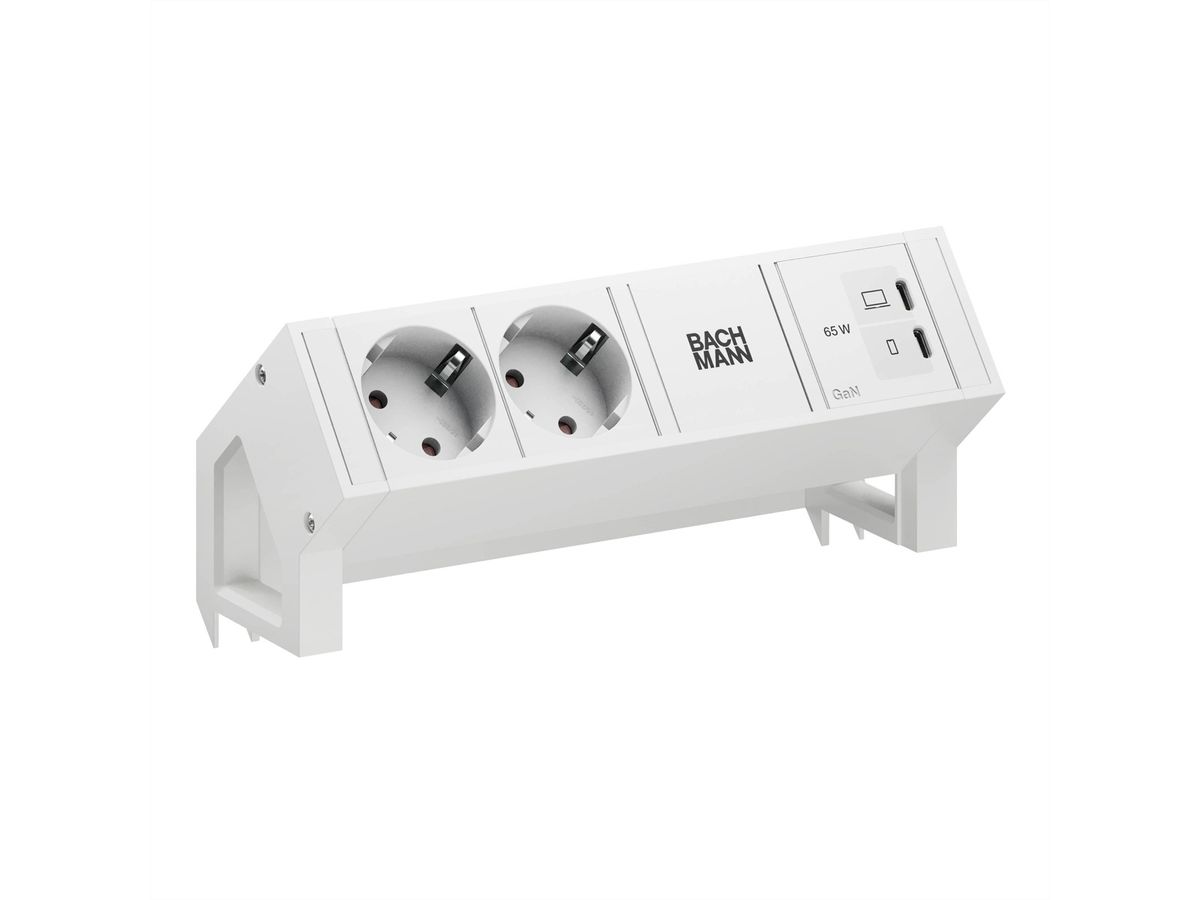 BACHMANN DESK2 PURE WHITE 2xCEE7/3, 1x USB C/C 65W L=0.2m RAL9010