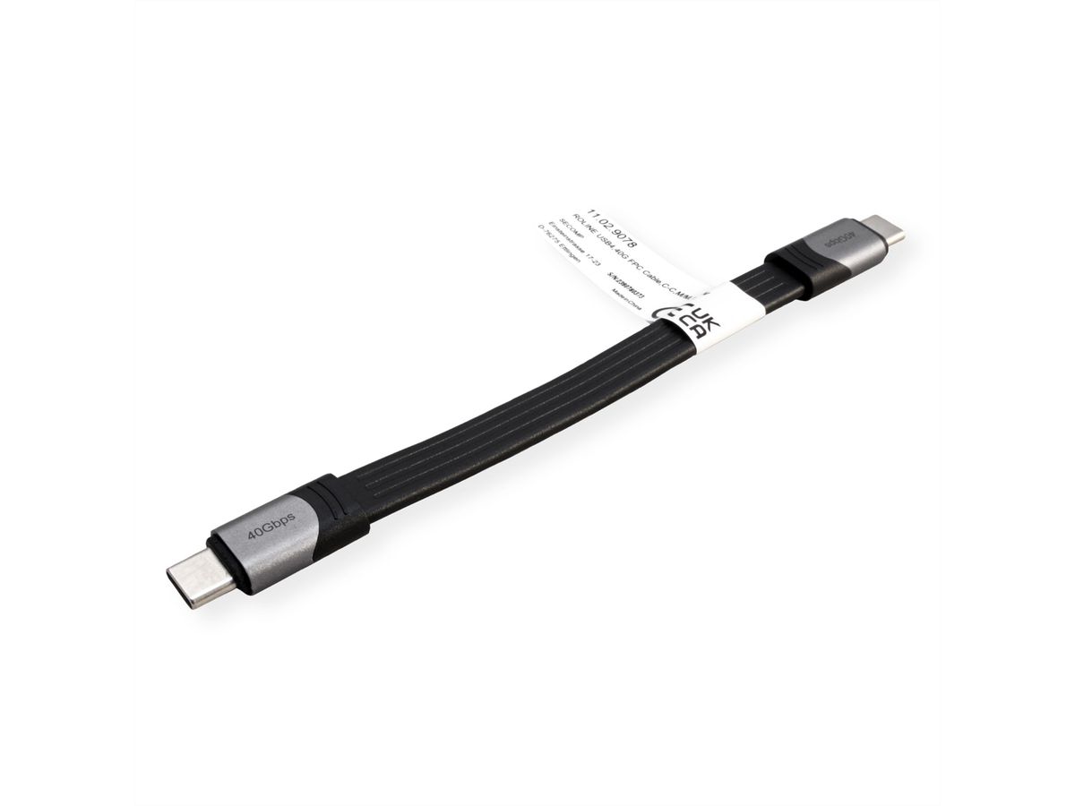 ROLINE USB4 Gen3x2 kabel, Emark, plat, C-C, male/male, zwart, 15 cm