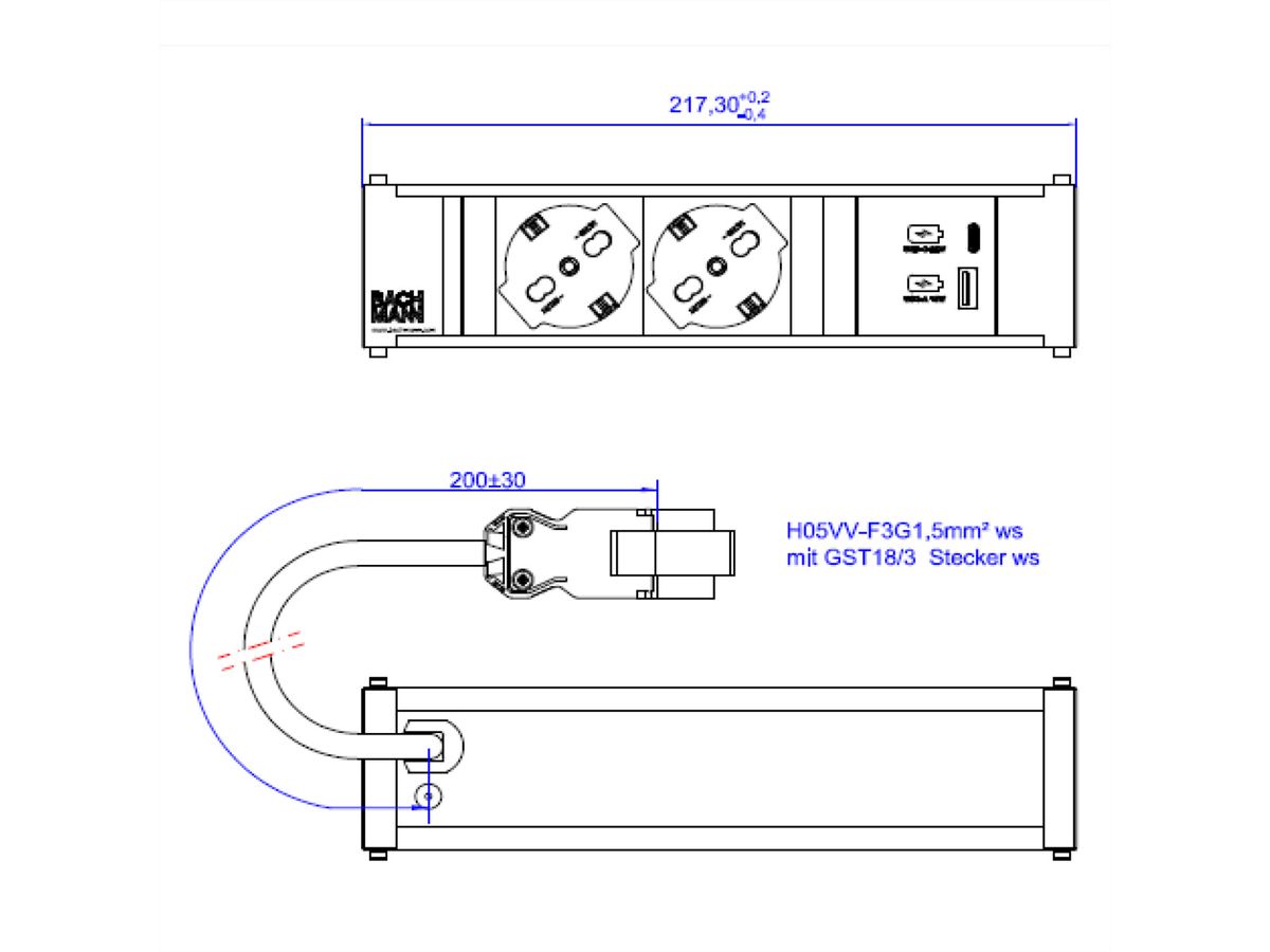 BACHMANN CONI 2xP40 1xUSB A/C 22W 0,2m GST18 RAL9010