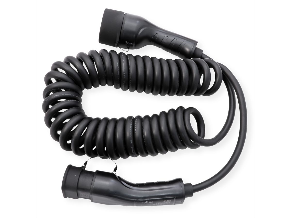 ROLINE Auto oplaadkabel Type2, 1-fase, 250 VAC (1P+N+E), 32 A, 7,4 kW, spiraalkabel, 7,5 m