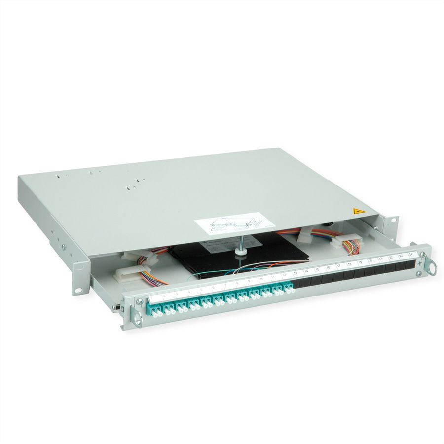TELEGÄRTNER PROFI V LWL-Panel mit Kupplungen & Pigtails, 12x LC Duplex, türkis, OM3, Grade B