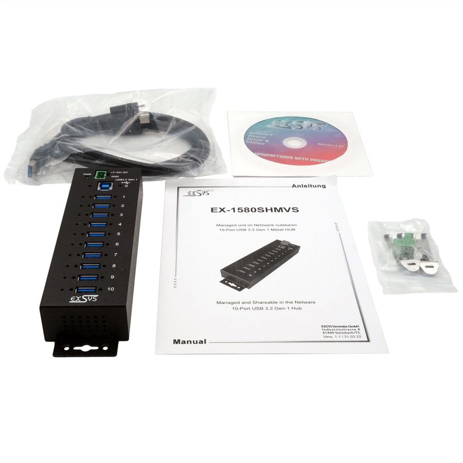 EXSYS EX-1580SHMVS Managed, Netzwerk-teilbarer 10-Port USB 3.2 Gen 1 Metall HUB, 15KV ESD Schutz