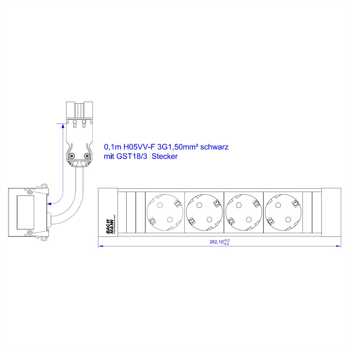 BACHMANN POWER FRAME 4xCEE7/3 ALU 0.20m 3G1.5mm² sw GST18
