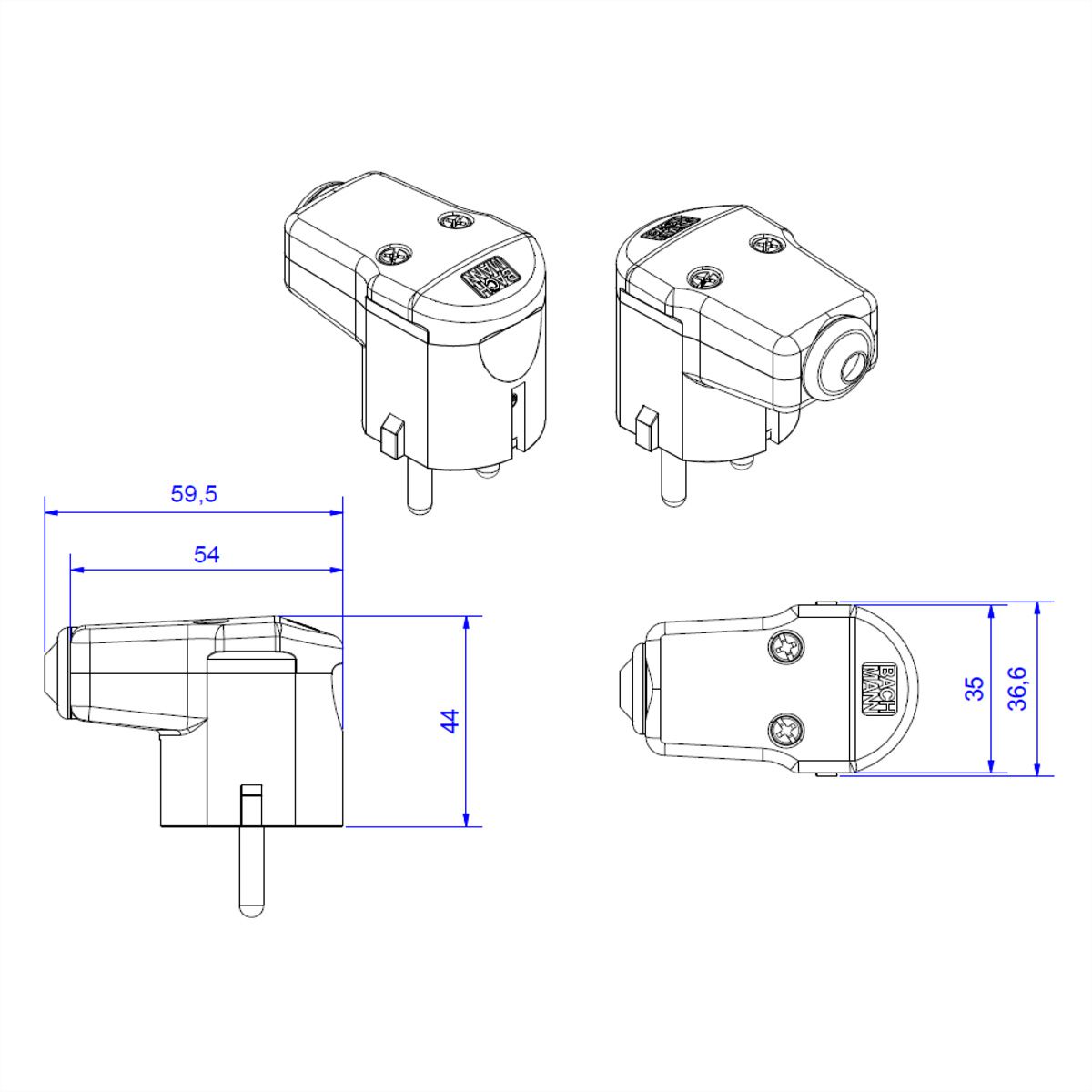 BACHMANN Angled mounting plug black, CEE 7/7 2-pole with earthing contact