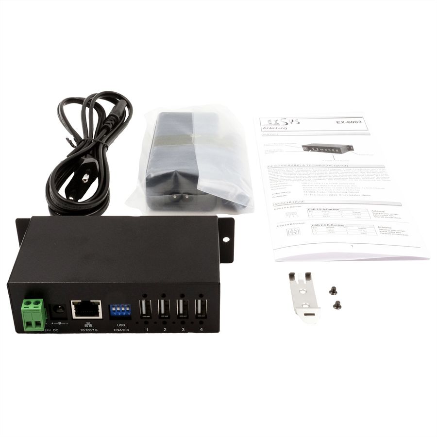 EXSYS EX-6003HMVS Apparaatserver 4x USB 2.0, 9V-24V DC-ingang, metalen behuizing