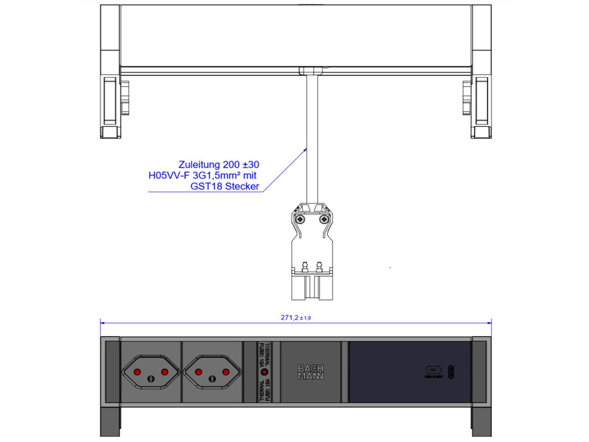 BACHMANN DESK2 2xCH 1xUSB C 60W, 0.2m GST18 RAL9010 Switzerland