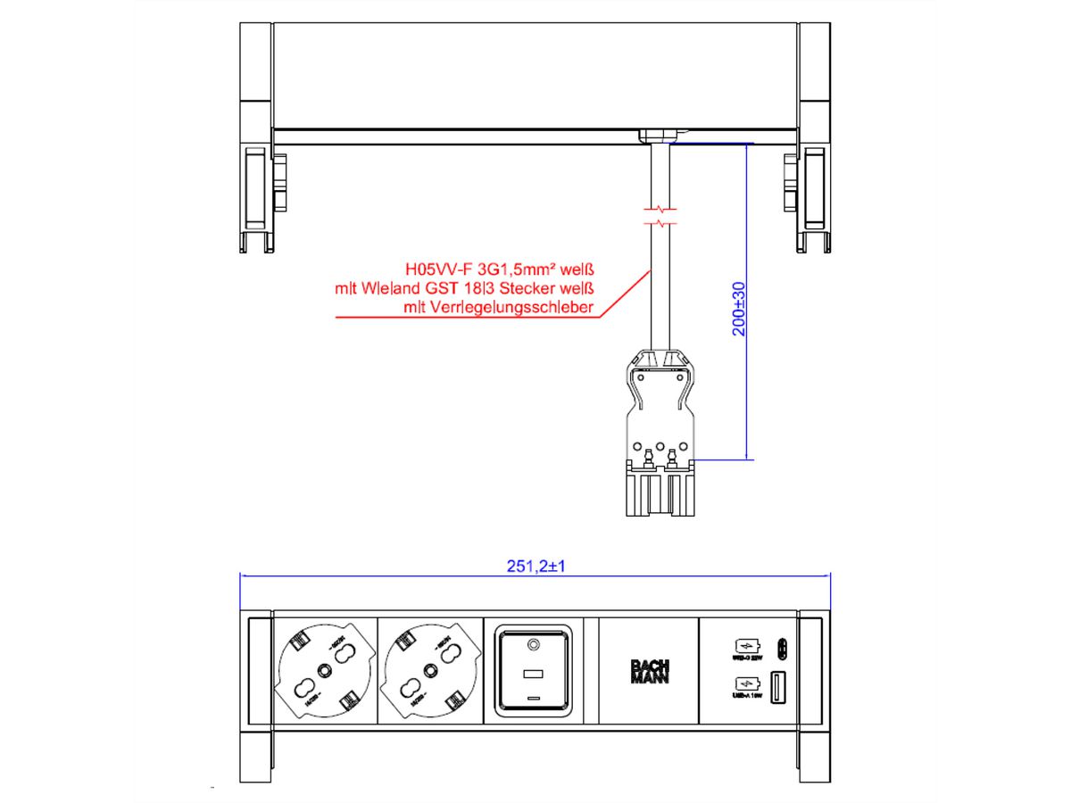 BACHMANN DESK2 white 2xP40 1xSwitch 1xUSB A/C 22W 0.2m GST18, ws