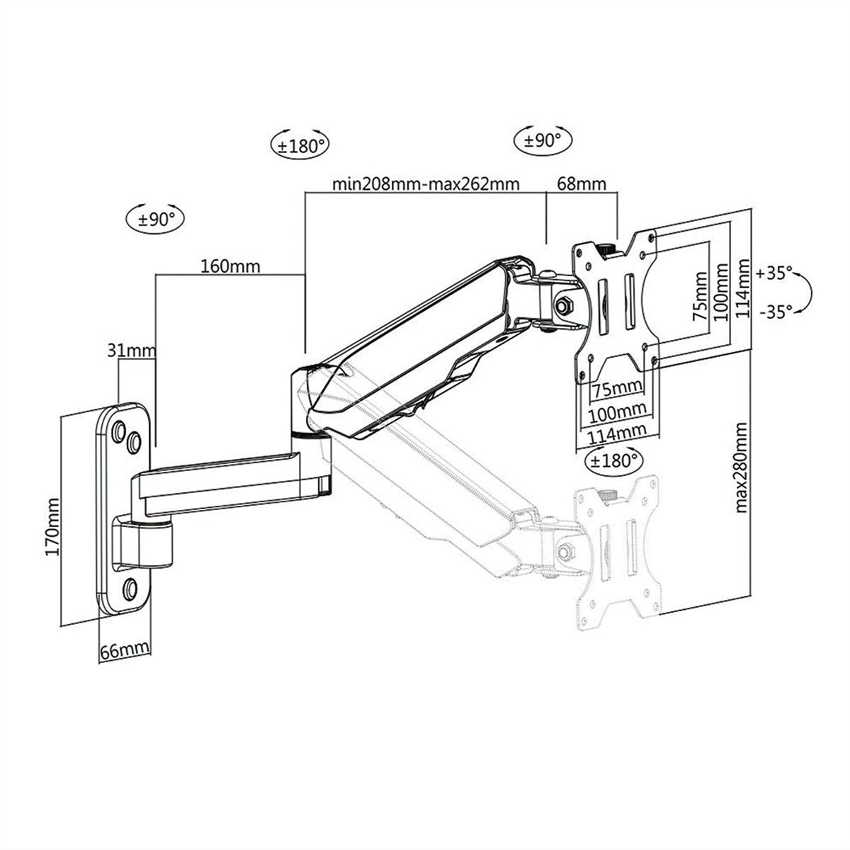 VALUE LCD Monitor Arm, Wall Mount, 5 Joints, Pivot, black
