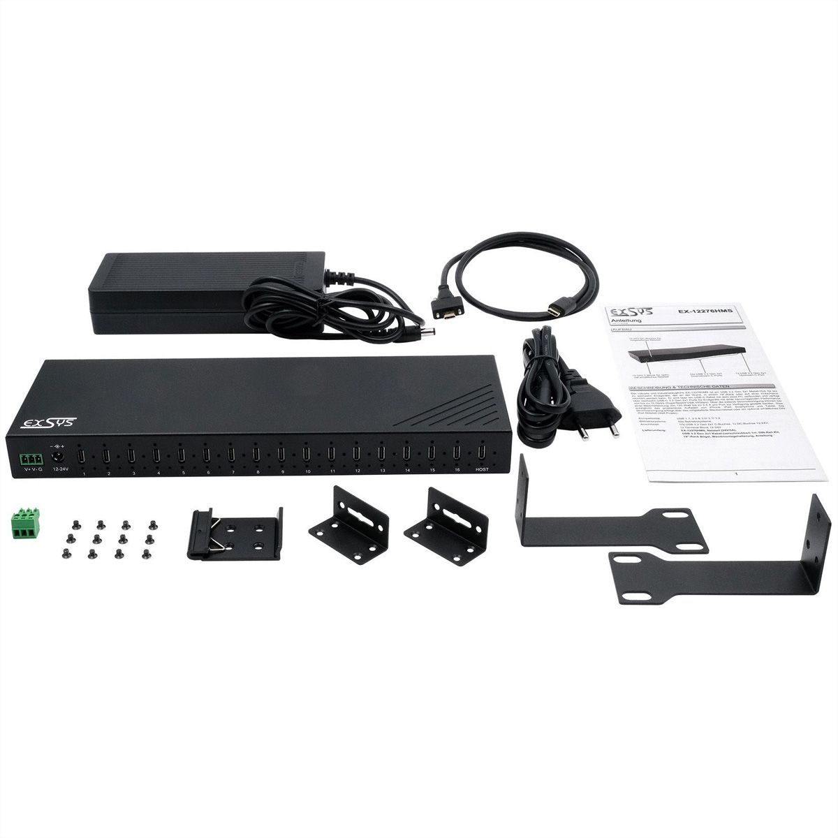 EXSYS EX-12276HMS 16-Port USB 3.2 Gen 2x1 Metal HUB, 15KV ESD Protection for Wall and DIN-Rail Mounting