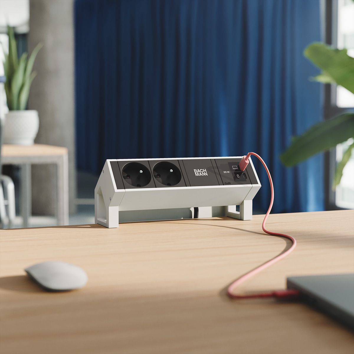 BACHMANN DESK2 2xUTE 1xUSB C/C 65W, L=0,2m RAL9010