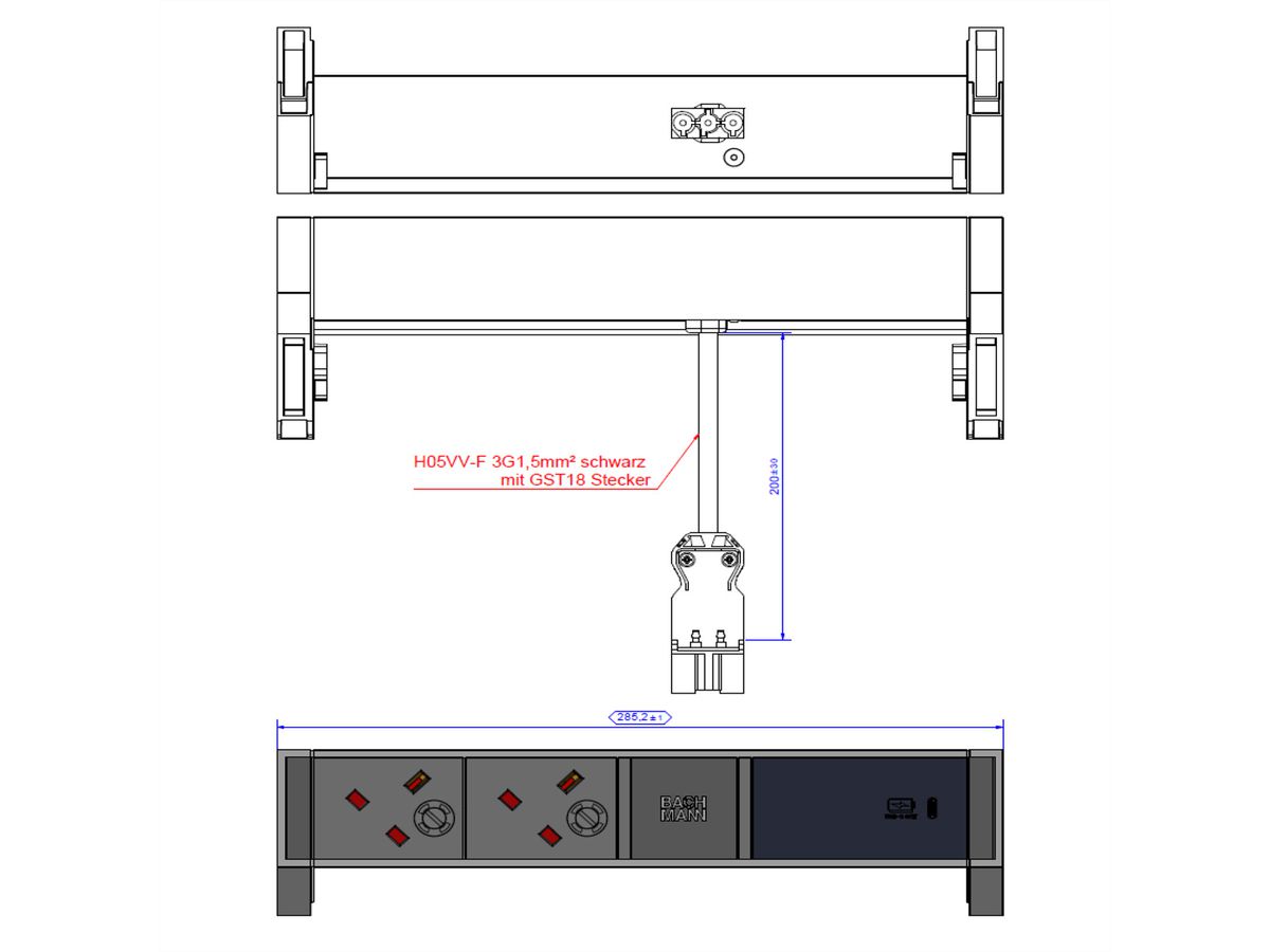 BACHMANN DESK2 2xUK 1xUSB C 60W 0,2m, 0,2m GST18 RAL9005 Verenigd Koninkrijk
