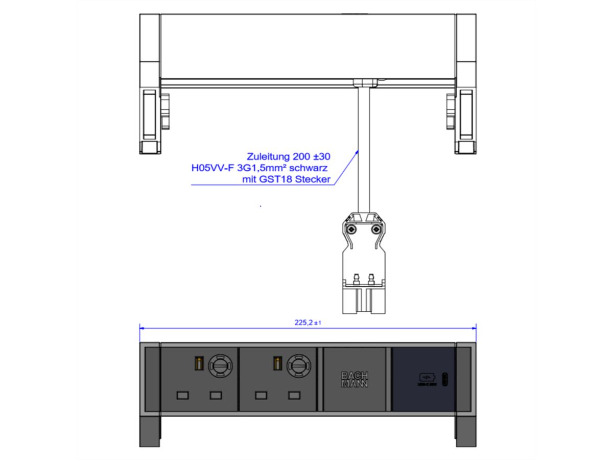 BACHMANN DESK2 2xUK 1xUSB C 30W, 0.2m GST18 INOX United Kingdom
