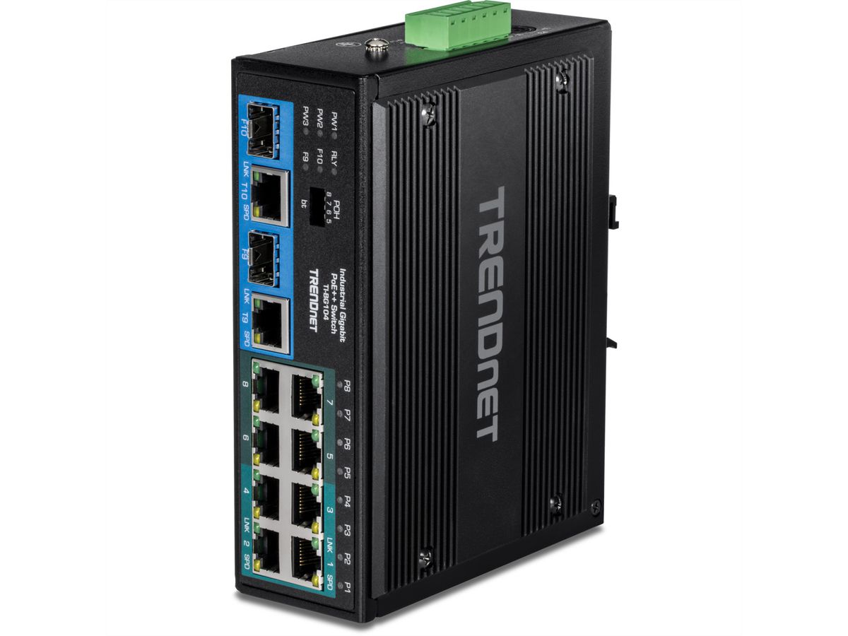 TRENDnet TI-BG104 10-Poorts Rail Switch, Industriële Gigabit PoE++ DIN Rail