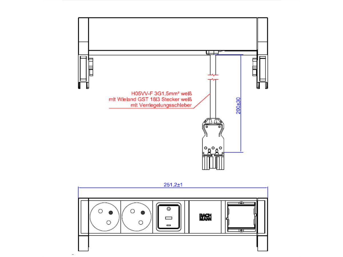 BACHMANN DESK2 white 2xUTE 1xSwitch 1xCM 0,2m GST18 RAL9010