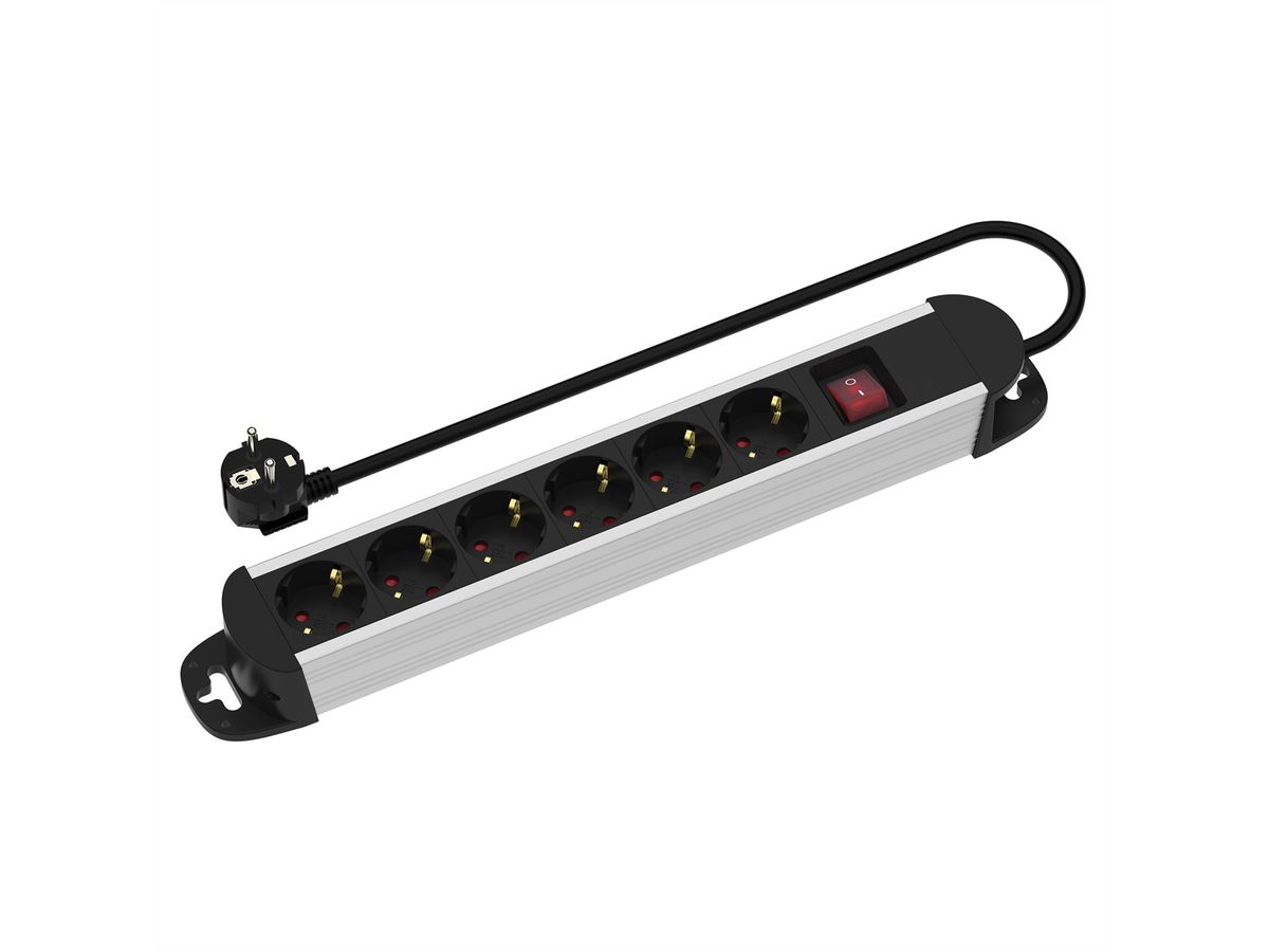 ROLINE Power Strip, 6-way, with Switch, Aluminium Housing, black / silver, 3 m