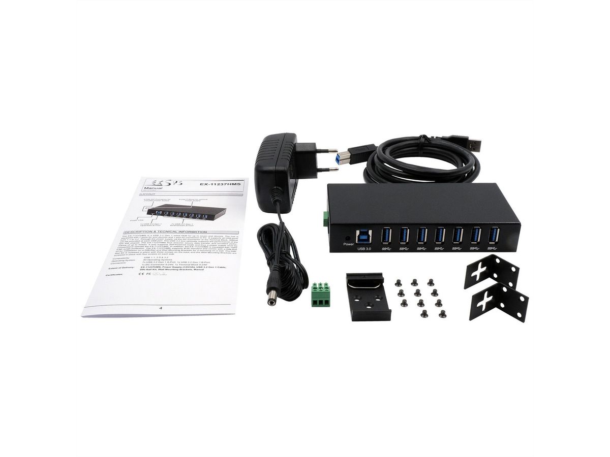 EXSYS EX-11237HMS-2 7 Port USB 3.2 Gen 1 HUB Din-Rail Kit