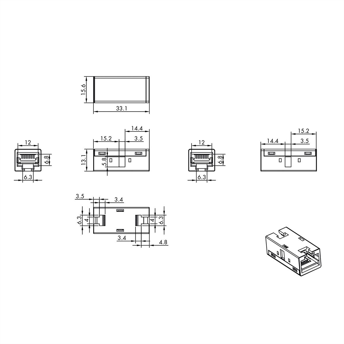 ROLINE RJ45 koppelstuk, afgeschermd, Cat.6A (Class EA), metalen behuizing