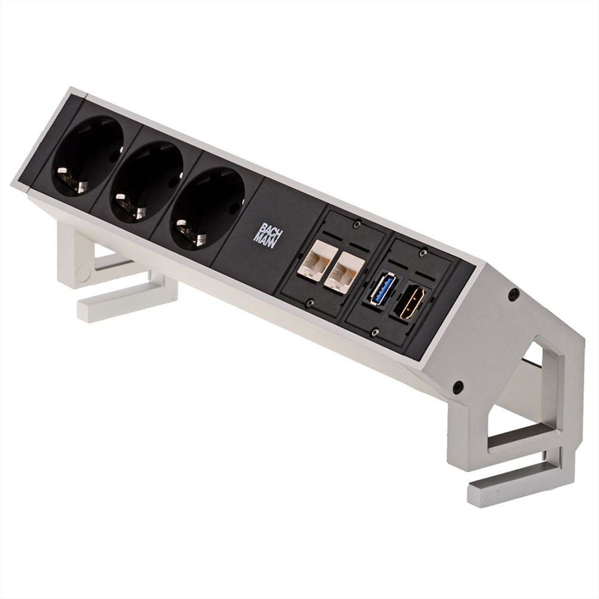 BACHMANN DESK2 3x earthing contact, 2x CAT6, 1x HDMI, 1x USB 3.0, Supply cable GST18 0.2m, INOX