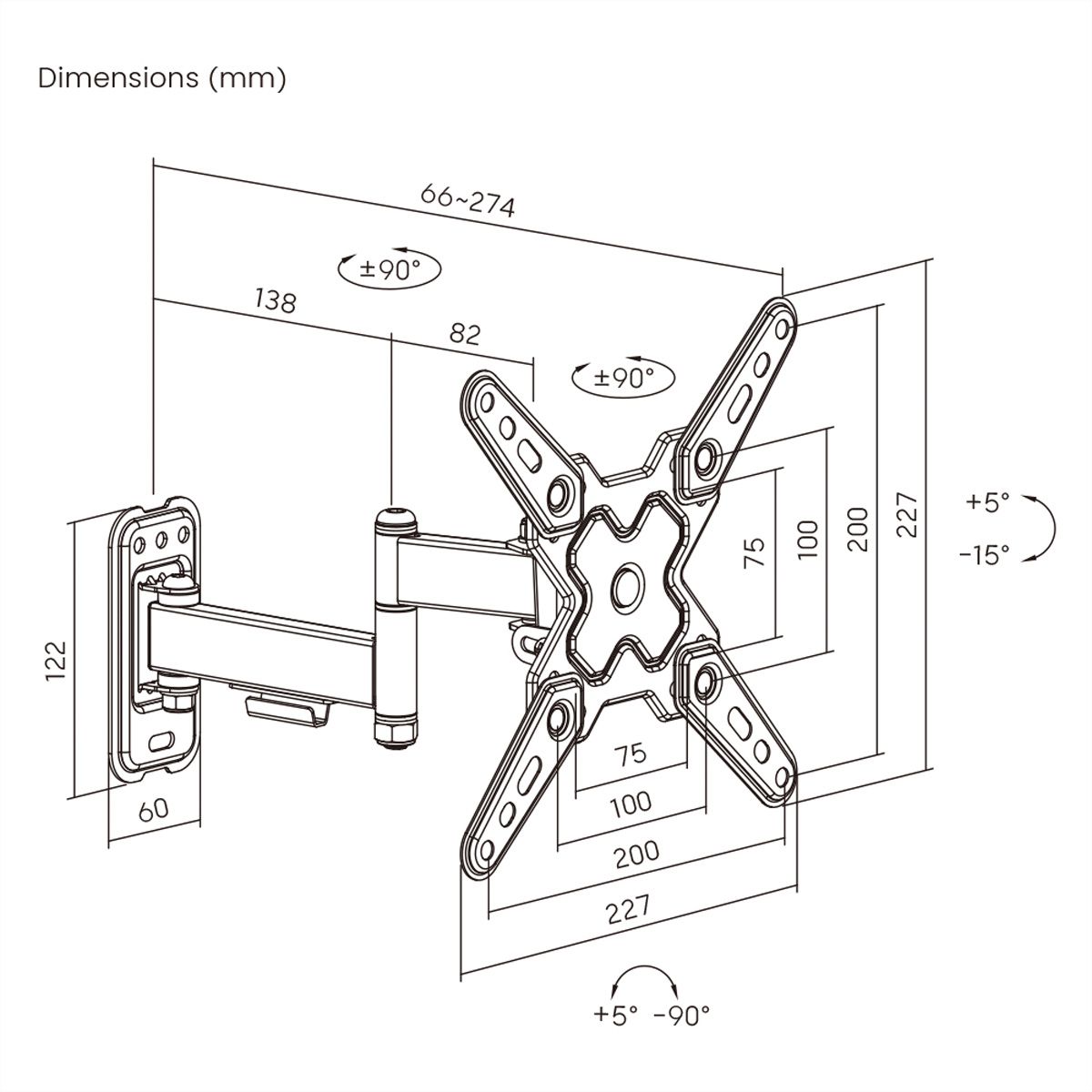 VALUE TV Monitor Arm, Wall Mount, < 109cm, < 20kg, 3 joints