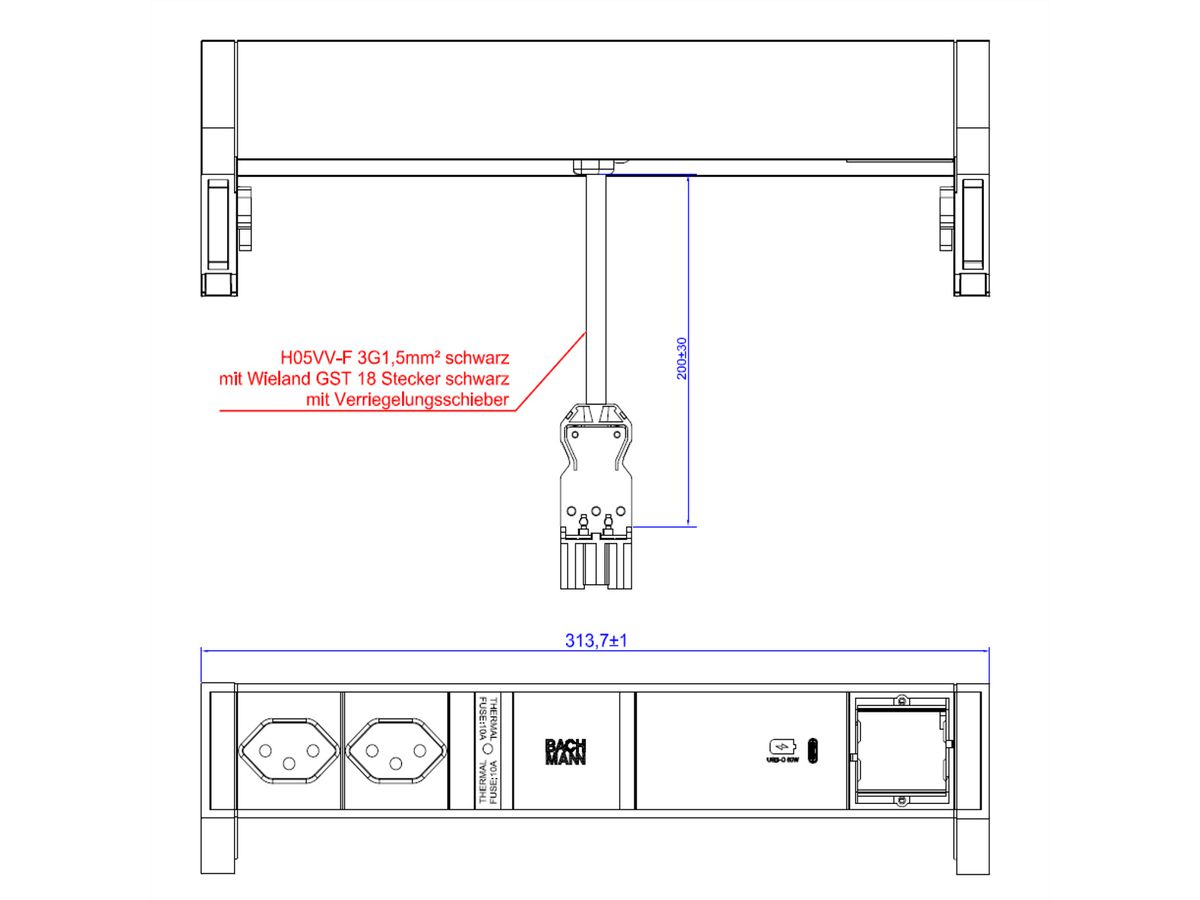 BACHMANN DESK2 ALU ZWART 2xCH T13 1xCM, 1xUSBC 60W 0,2m GST18 Zwitserland