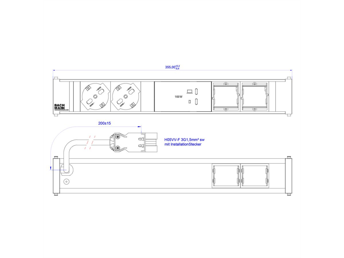 BACHMANN CONI 2xP40 1xUSB C/C 100W, 2xCM L=0,2m