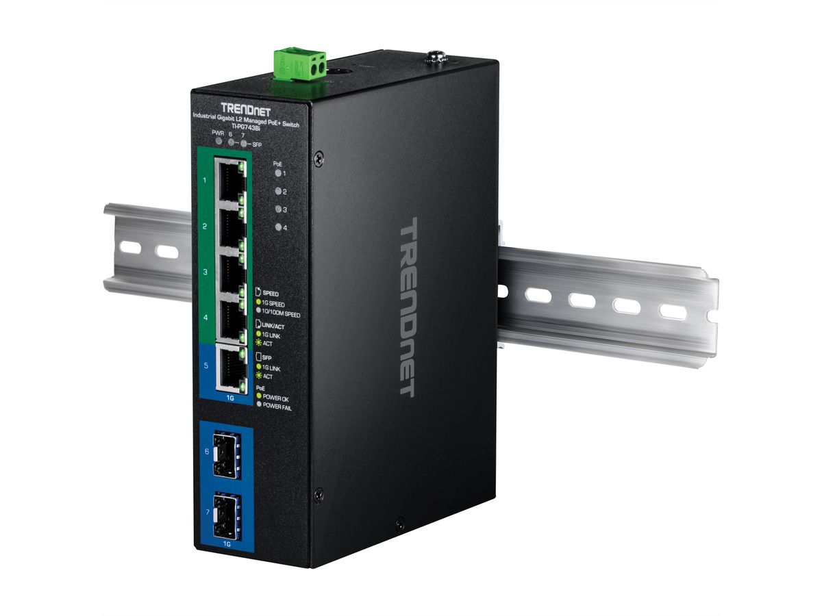 TRENDnet TI-PG743Bi 7-Port PoE+ Switch Industrial Gigabit L2 Managed DIN-Rail