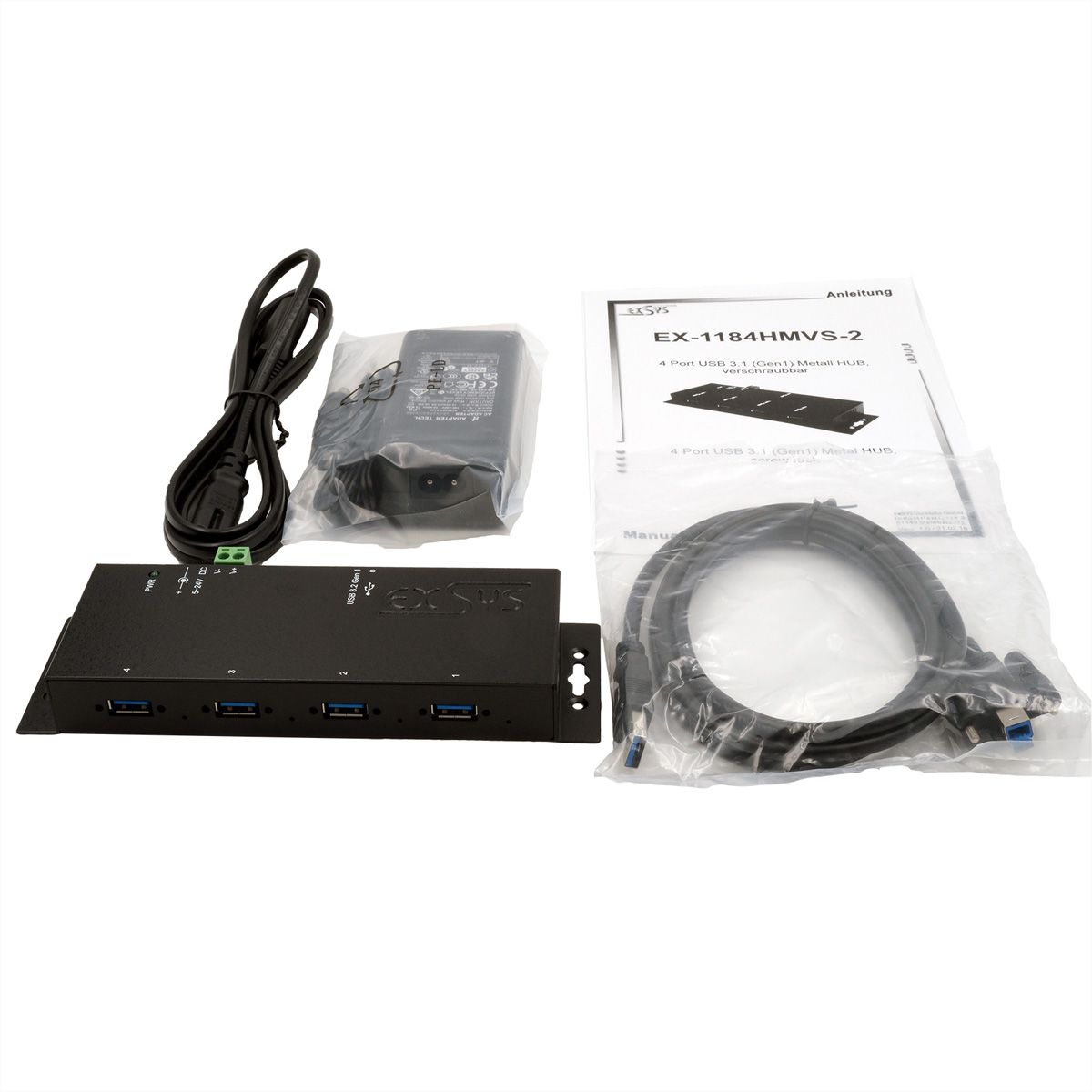 EXSYS EX-1184HMVS-2 4-poorts metalen USB 3.2 Gen1 incl. schroefbare kabel Overspanningsbeveiliging