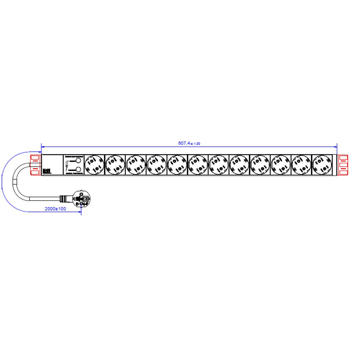 BACHMANN IT PDU ALU 1HE 12x geaard contact, stroomkabel met geaarde stekker