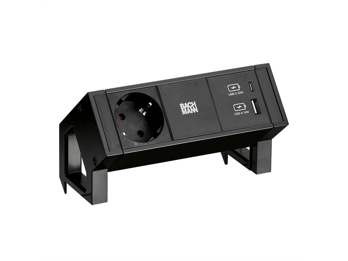 BACHMANN DESK2 1x earthing contact 1x USB charger A/C, black