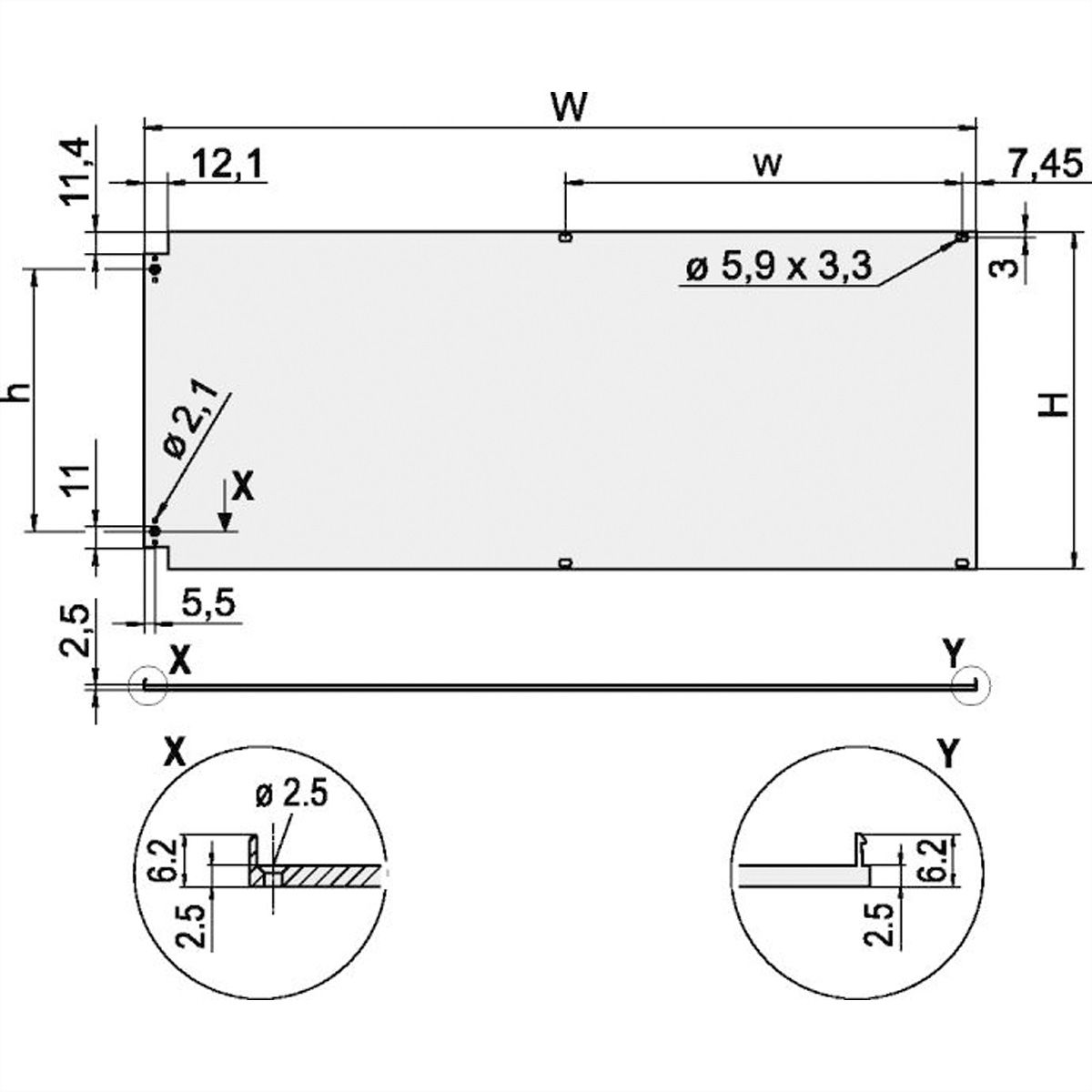 SCHROFF voorpaneel, afgeschermd, zijdelings scharnierend, 3 HE, 84 HP, 2,5 mm, Al, vooraan geanodiseerd, achteraan geleidend