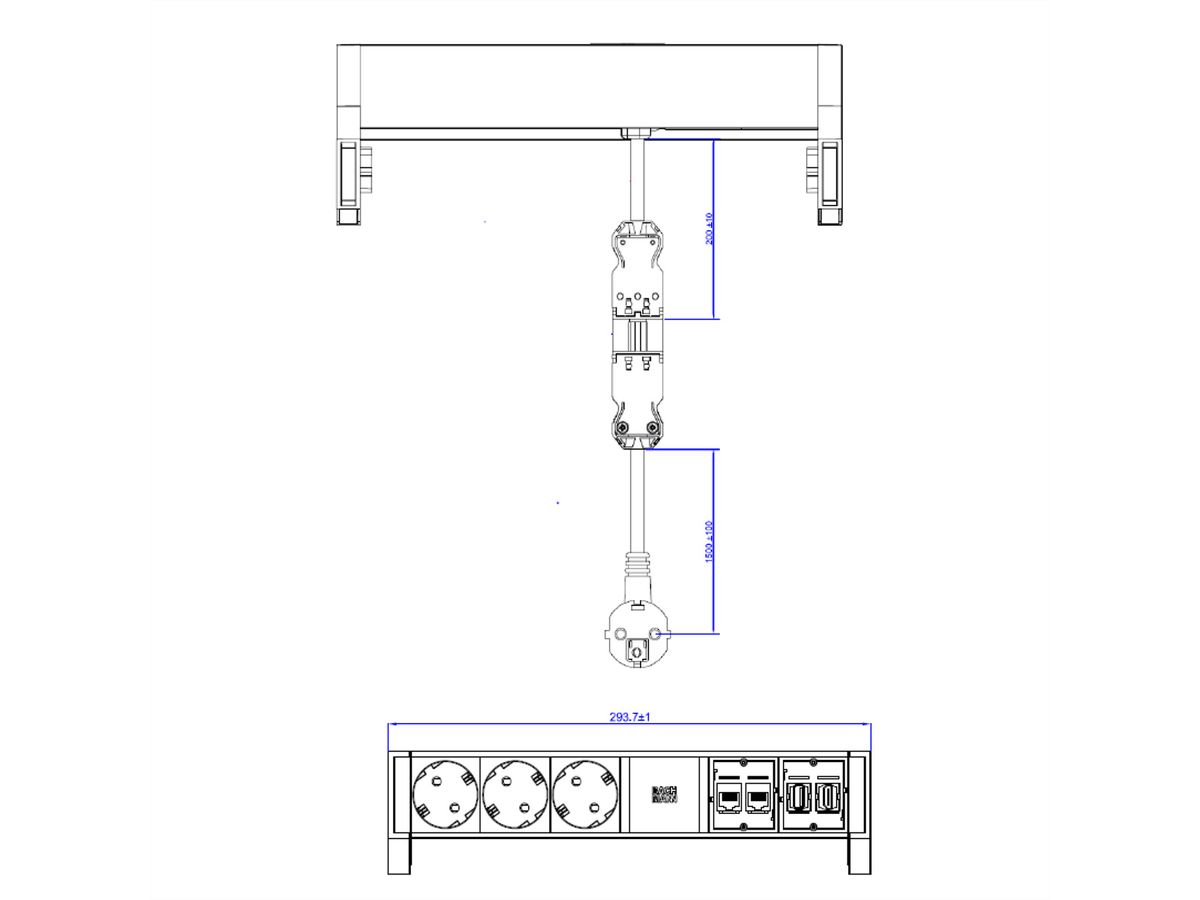 BACHMANN DESK2 3x earthing contact, 2x CAT6, 1x HDMI, 1x USB 3.0, Supply cable GST18 0.2m, INOX