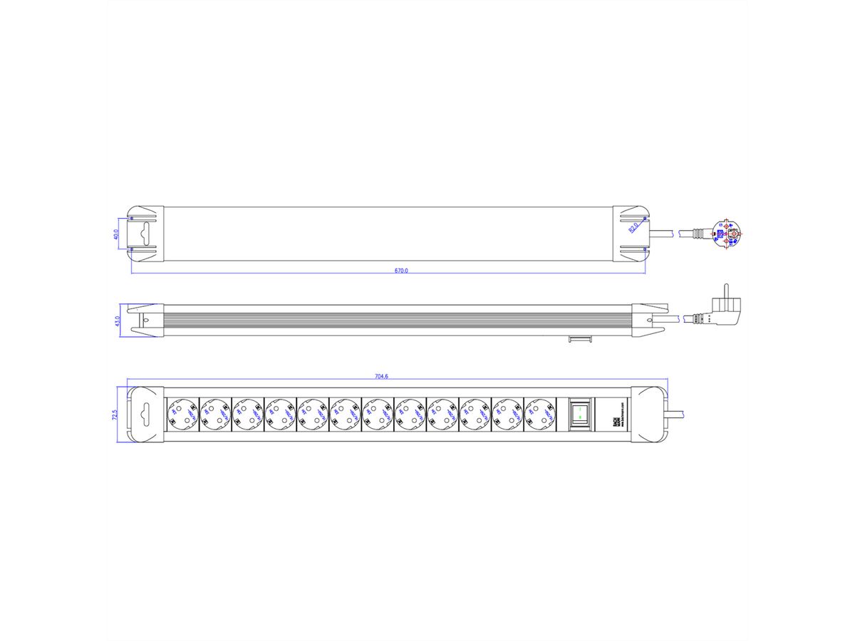 BACHMANN CONNECTUS socket strip 12x earthing contact, plastic, with switch, 2,0m