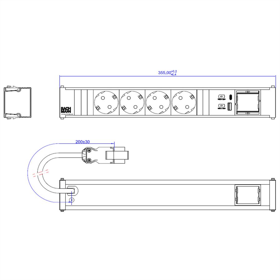 BACHMANN CONI 4xCEE7/3 1xUSB A/C 22W 1xCM 0.2m GST18 RAL9010