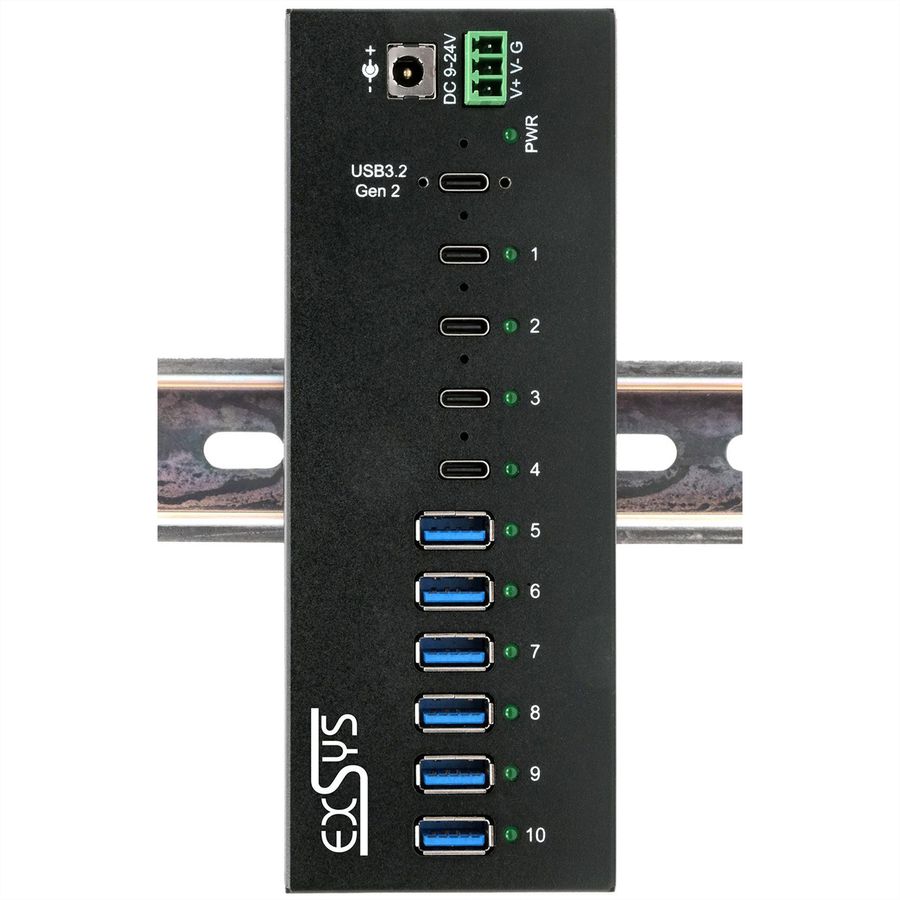 EXSYS EX-12280HMS 10 Port USB 3.2 Gen 2x1 Metal HUB, 4x USB-C, 6x USB-A 3.2 Gen 1, for desk, wall and DIN-Rail mounting