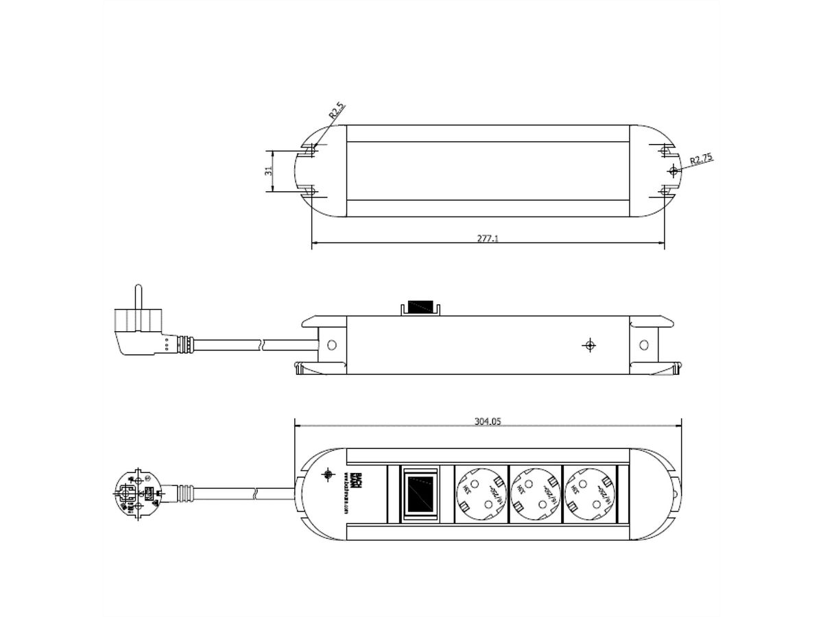 BACHMANN PRIMO stekkerdoos 3x geaard contact, aluminium, met schakelaar, 1,75 m