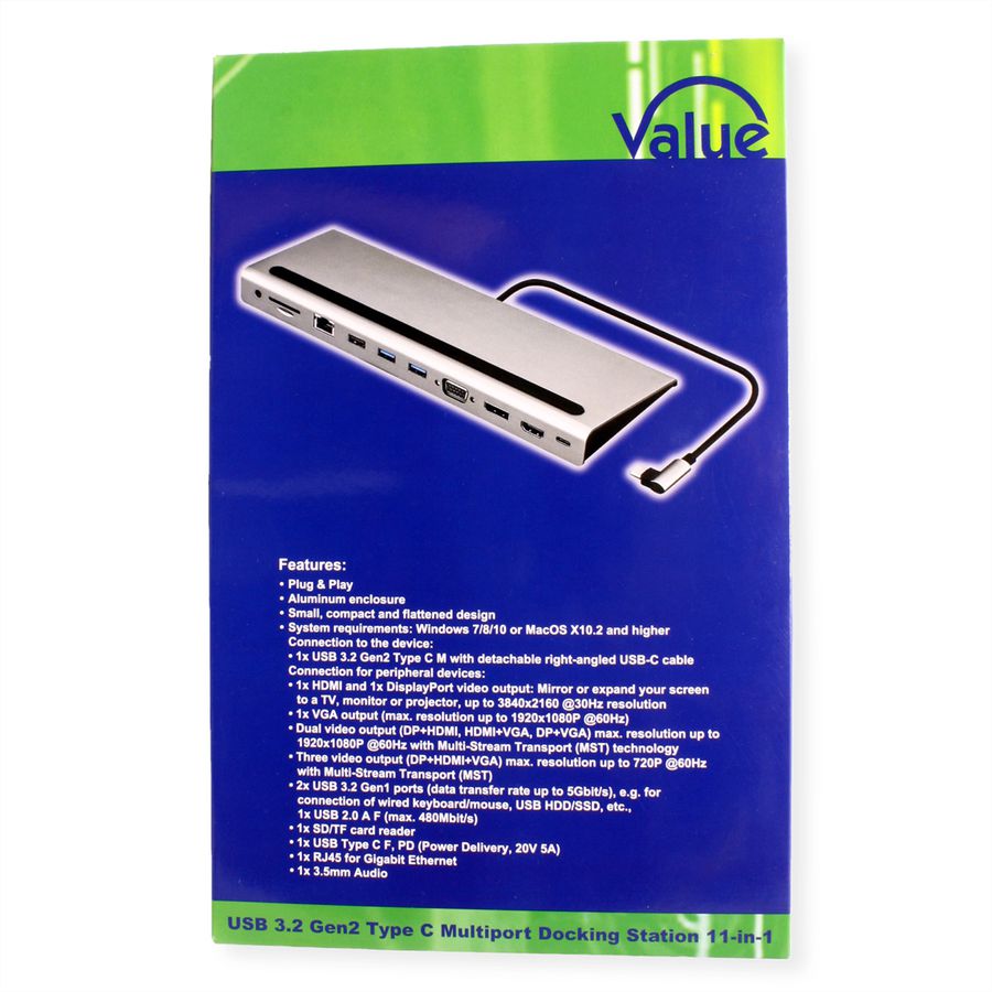 VALUE USB-C Multiport Docking Station, 4K HDMI/DP, VGA, USB, Kaartlezer, PD, LAN, Audio