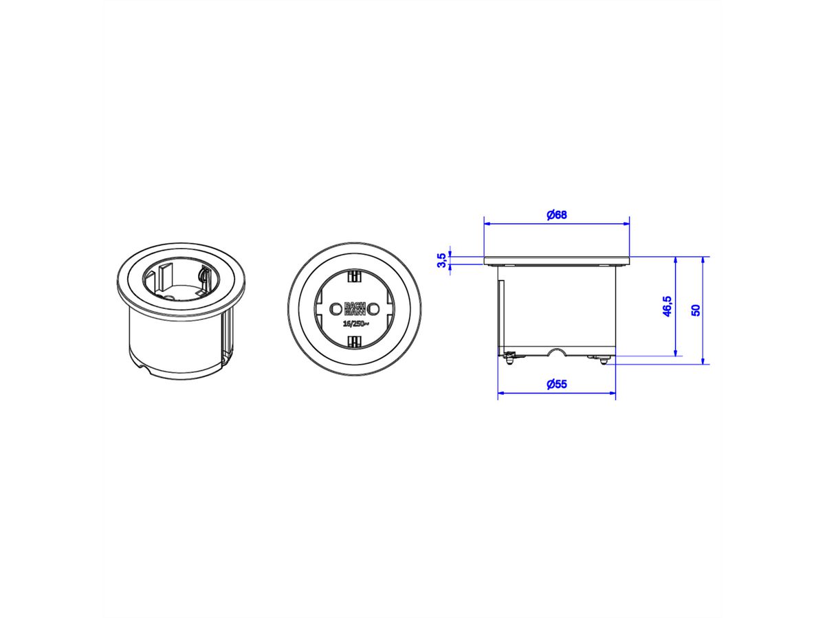 BACHMANN PIX 1x geaard stopcontact en sierringen in wit, zwart en RVS-look, 2 m
