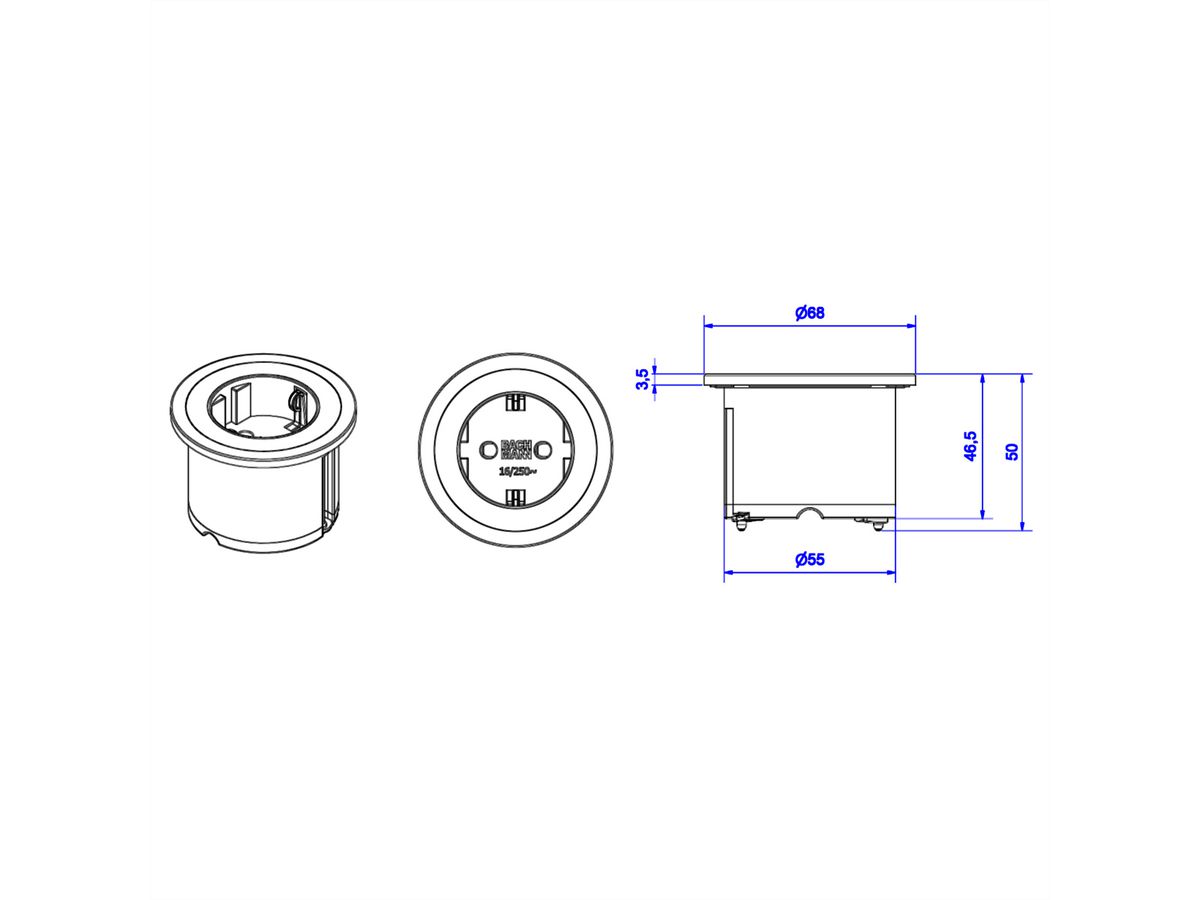 BACHMANN PIX 1x earthing contact, with earthing contact and decorative rings in white, black and stainless steel look, 2 m