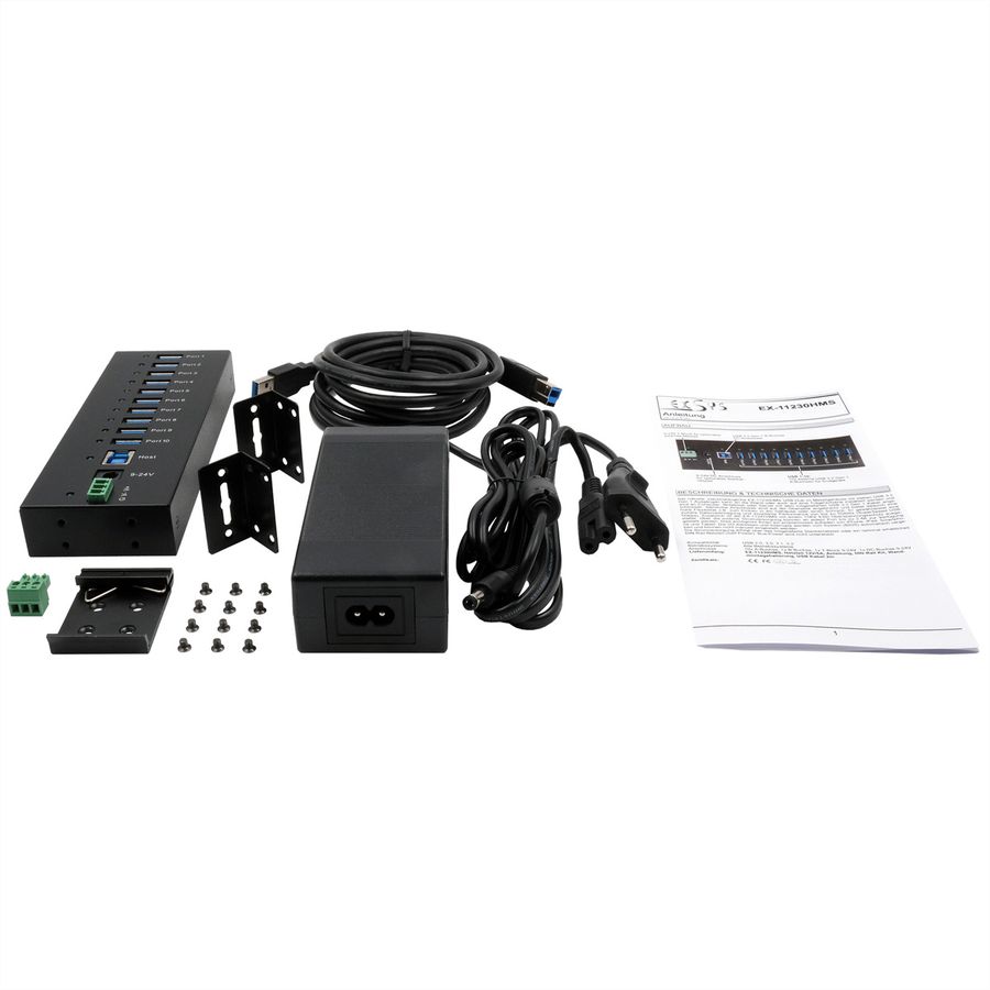 EXSYS EX-11230HMS 10 Port USB 3.2 Gen 1 HUB Din-Rail Kit und Wand VIA VL811+ Chipset