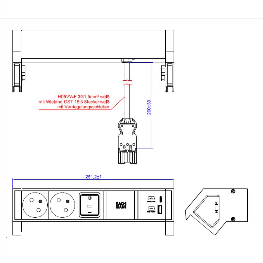 BACHMANN DESK2 wit 2xUTE 1xschakelaar 1xUSB A/C 22W 0,2m GST18