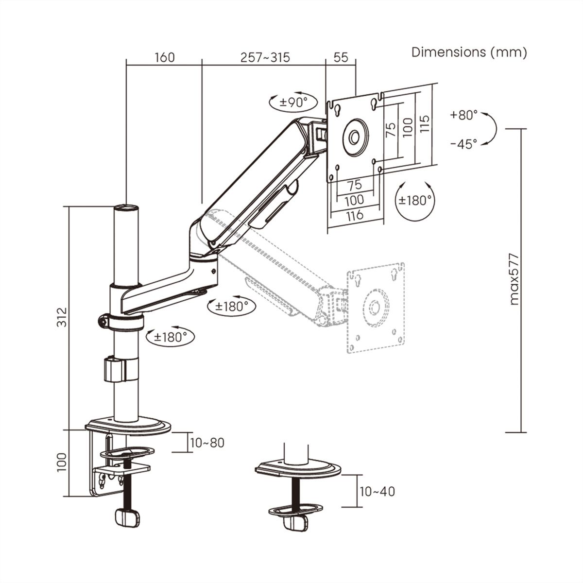 STANDARD Pole-Mounted Monitor Arm, Mechanical Spring, 17–32 inch, max. 10 kg, black