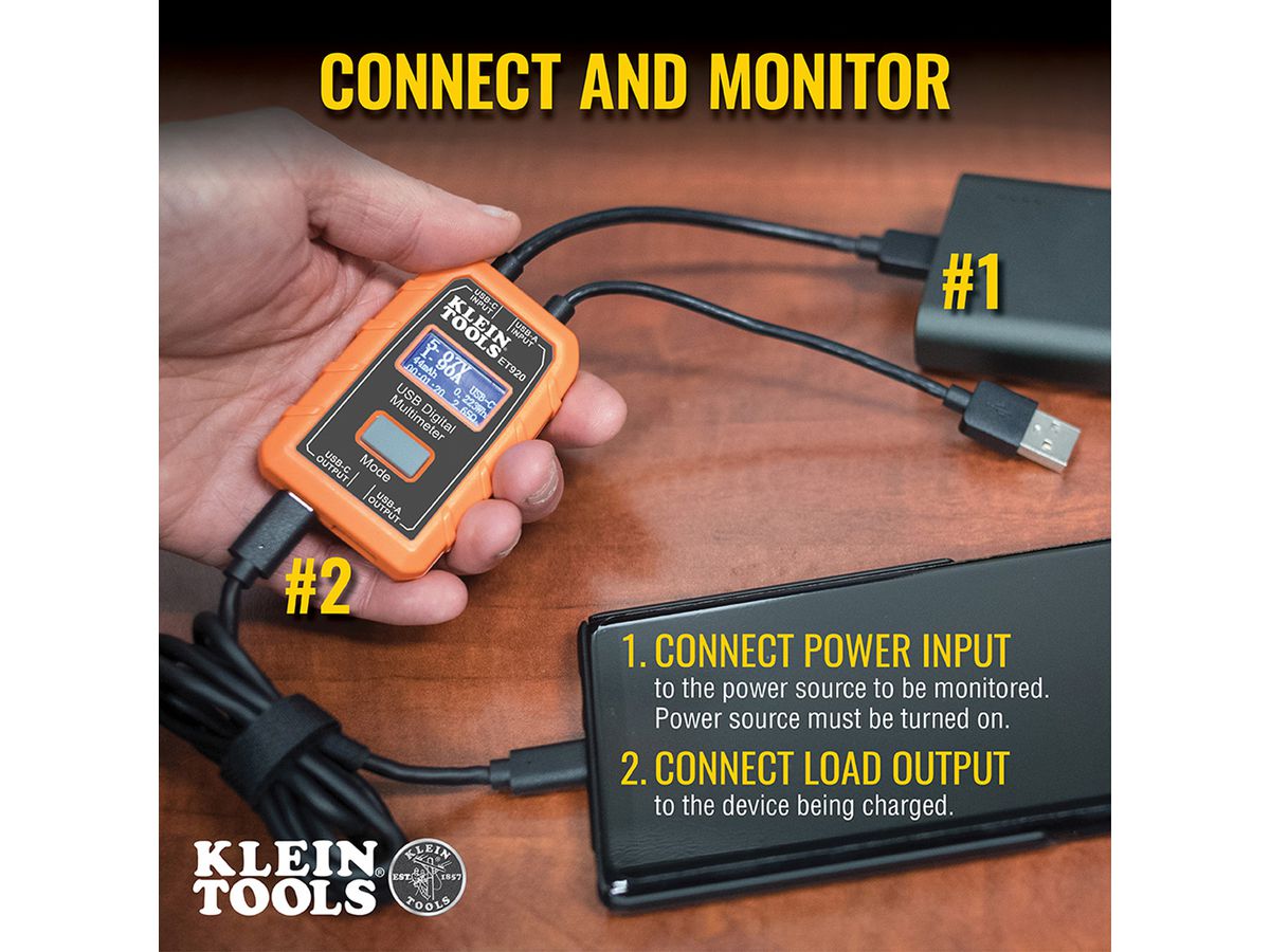 KLEIN TOOLS ET920 USB Digital Meter, USB-A and USB-C