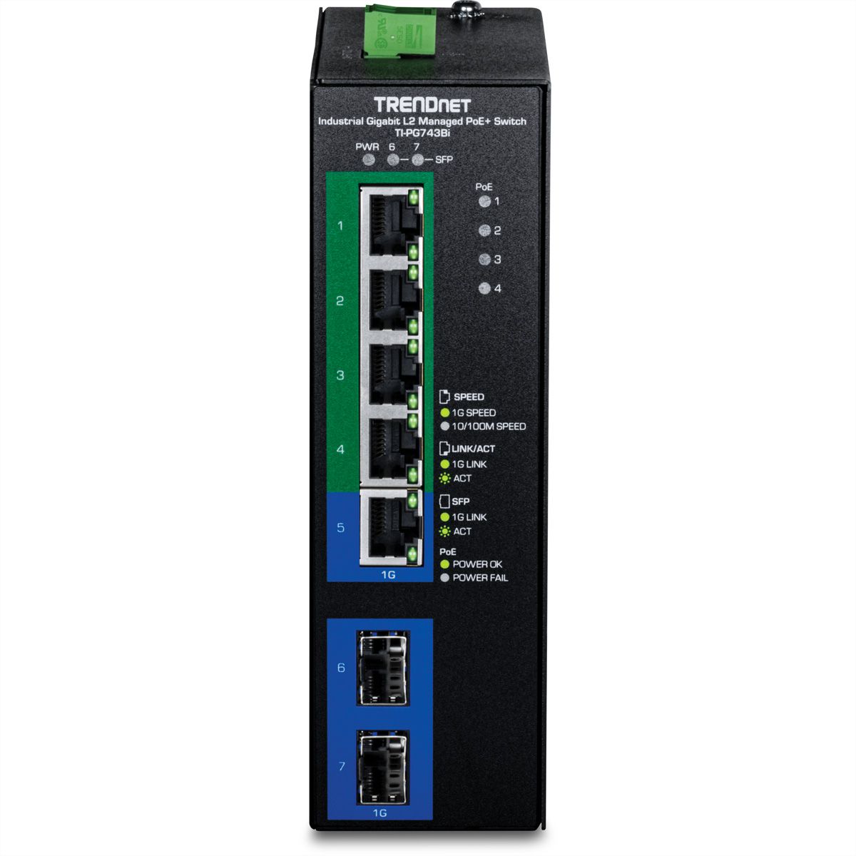 TRENDnet TI-PG743Bi 7-Port PoE+ Switch Industrial Gigabit L2 Managed DIN-Rail