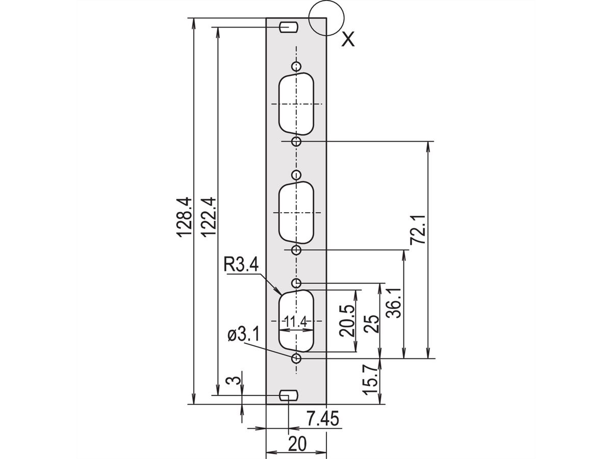 SCHROFF U-profile Front Panel, Shieldable, D-Sub Cutout, 3 U, 4 HP, 3 x 9 Pin, 2.5 mm, Al, Front Anodized, Rear Conductive