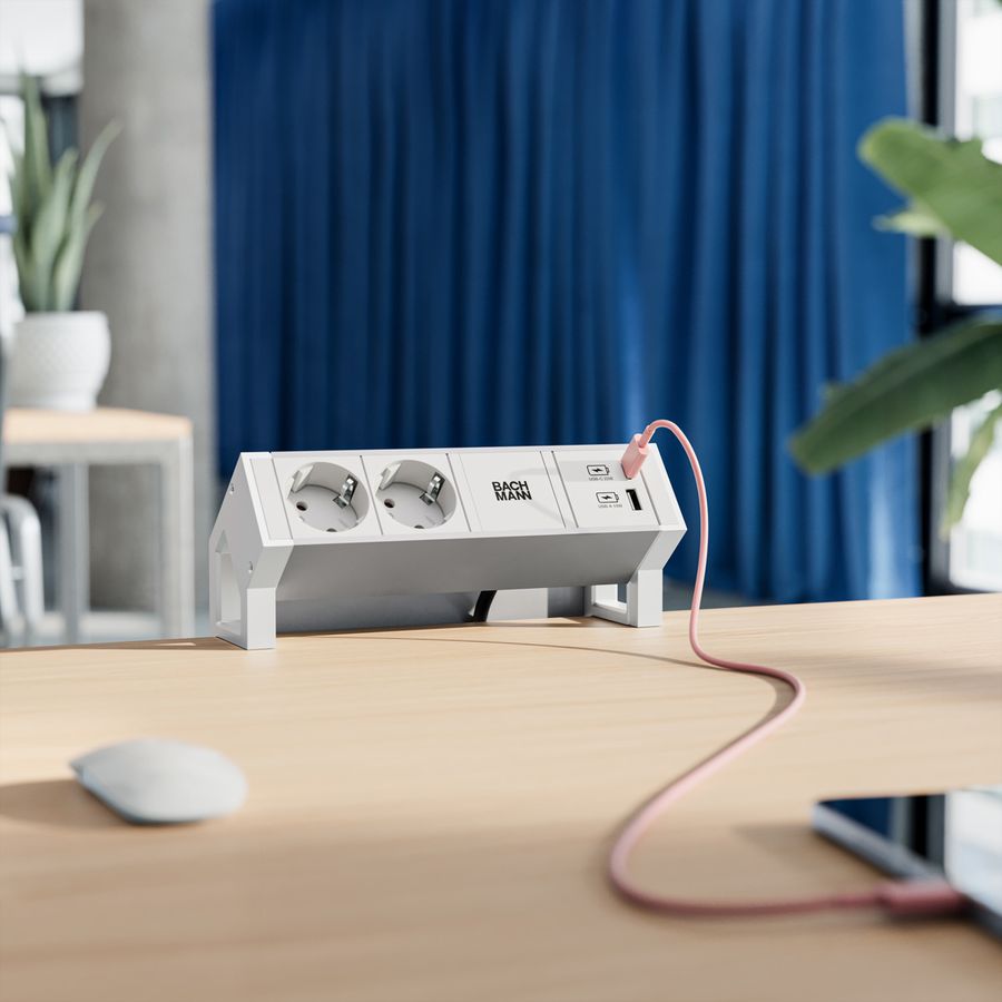 BACHMANN DESK2 ALU WIT 2xCEE7/3 1xUSB A/C 22W 0,2m GST18