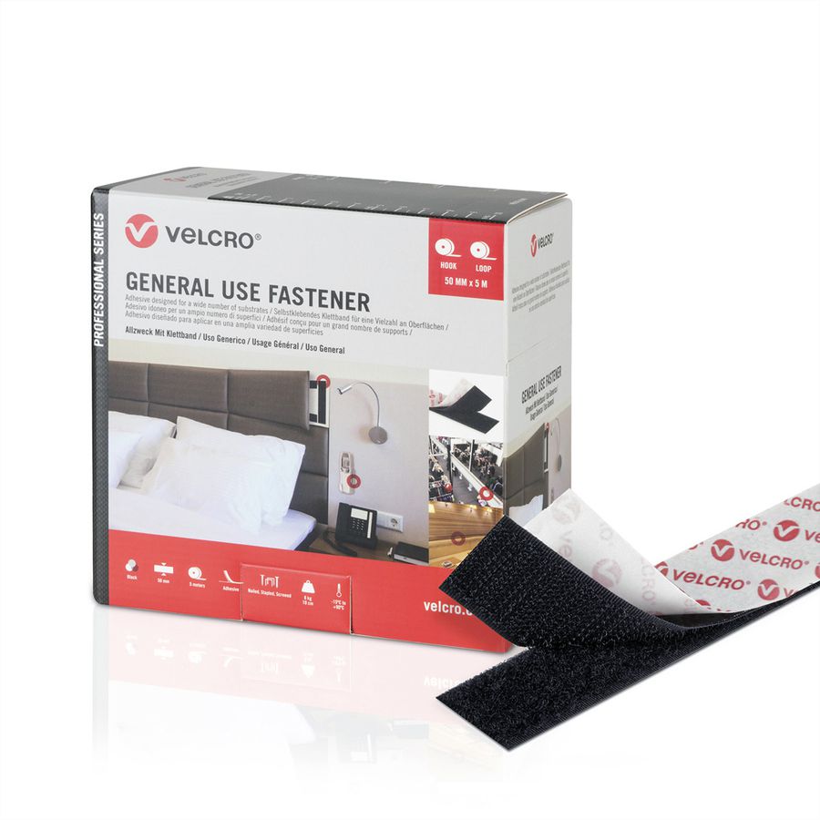 VELCRO® klittenband voor algemeen gebruik 25m haakband 25m lusband, haak & lus 50mm zwart