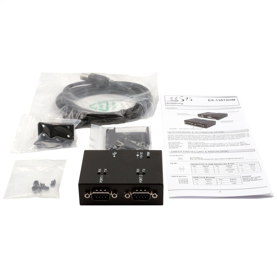 EXSYS EX-13072HM USB 2.0 naar 2 x seriële RS-232 poorten metalen behuizing FTDI chipset