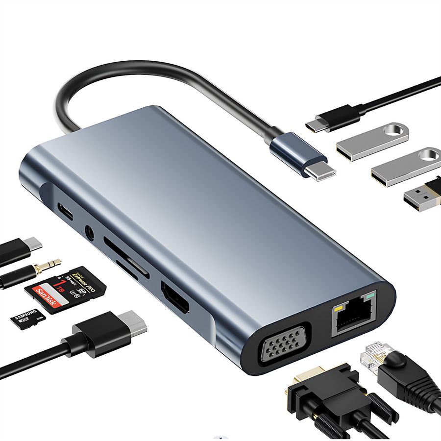 VALUE Dockingstation Type C, 1x HDMI 4K30, 1x VGA 1080p, 1x Gigabit Ethernet, 3x USB 3.2 Gen1 (A), 1x USB 2.0 (C), 1x SD/TF, 1x Audio, 1x Type C PD (Power Delivery)